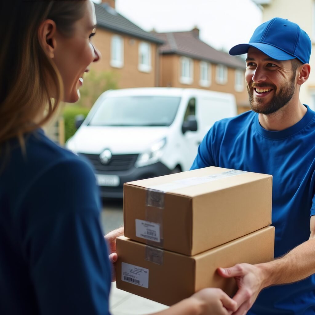 delivery person handing boxes customer home entrance 1024x1024